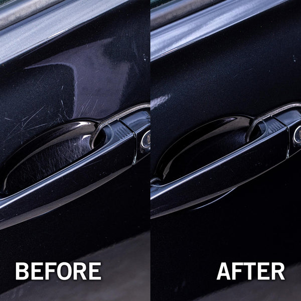 Car door scratch repair before & after. Polish removes scratches. See results! Turtle Wax competitor.