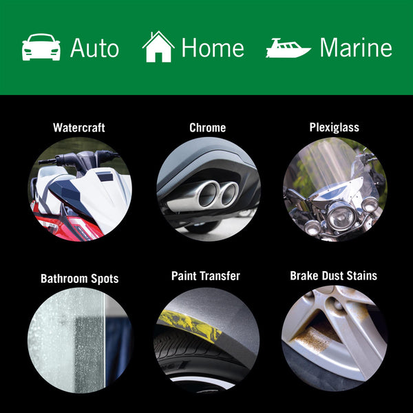 Auto, home, & marine use. Removes spots, chrome, paint transfer, & brake dust from watercraft, plexiglass, & bathroom surfaces.