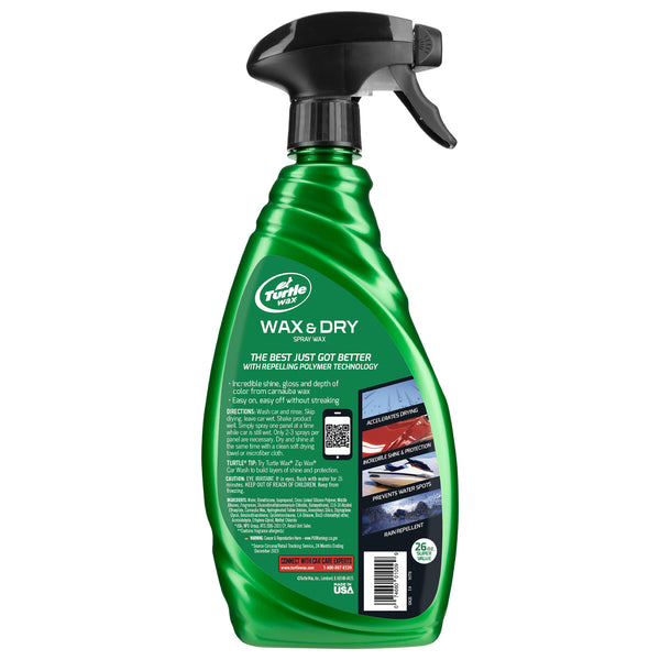 Green Turtle Wax spray bottle. Wax & Dry formula with polymer tech. Rain repellent, accelerates drying, provides incredible shine & protection. US made.