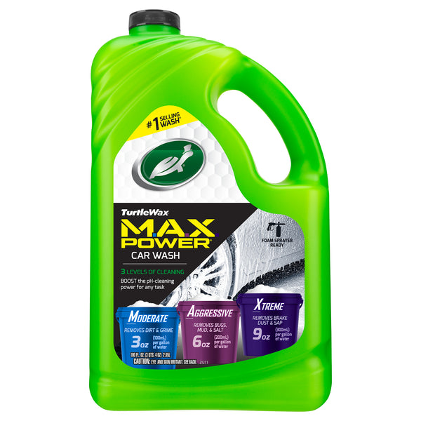 Green Turtle Wax Max Power Car Wash with 3 cleaning levels for removing grime, bugs, and brake dust. Foam sprayer ready.
