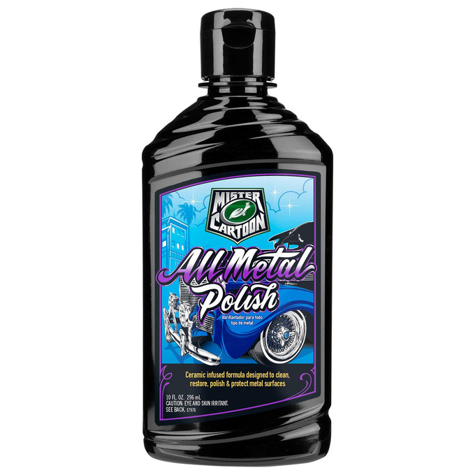 Ceramic infused Mister Cartoon All Metal Polish. Clean, restore, polish, and protect metal surfaces. 10 fl oz bottle.