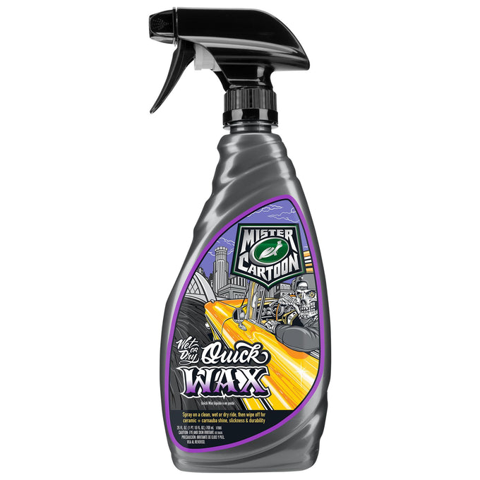Spray bottle showing a cartoon hot rod, driver, and city. Mister Cartoon design. Turtle Wax logo.
