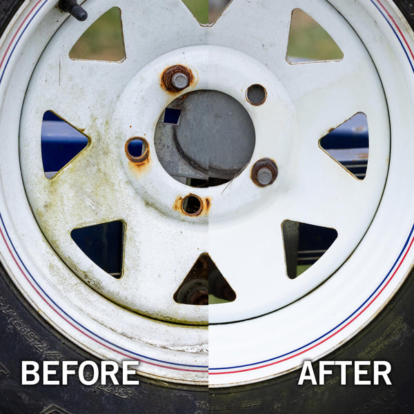 Before & after shot of a rusty, mossy wheel, then cleaned, showing auto detailing results.