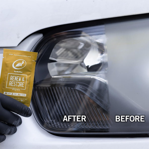 Turtle Wax Renew & Restore Wipes for headlight clarity. Features before & after results. For auto, home, or marine use.