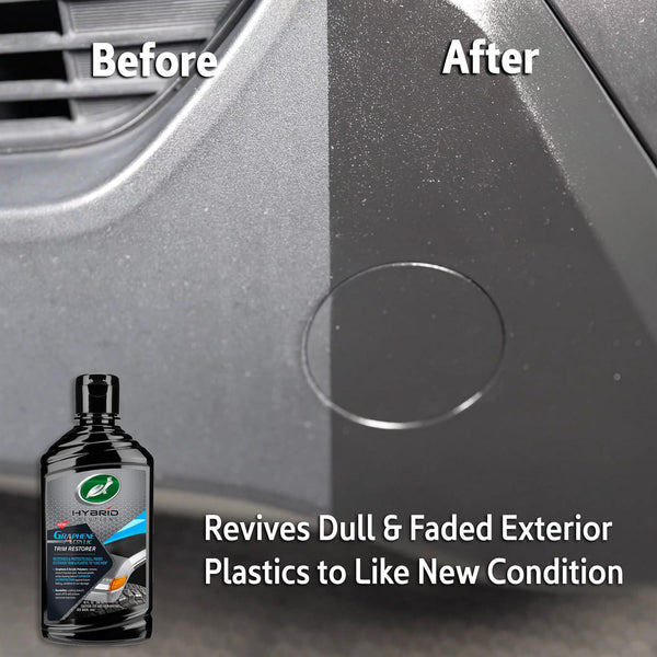 Turtle Wax Hybrid Solutions graphene acrylic plastic restorer for restoring vehicle trim. Before and after comparison shown.