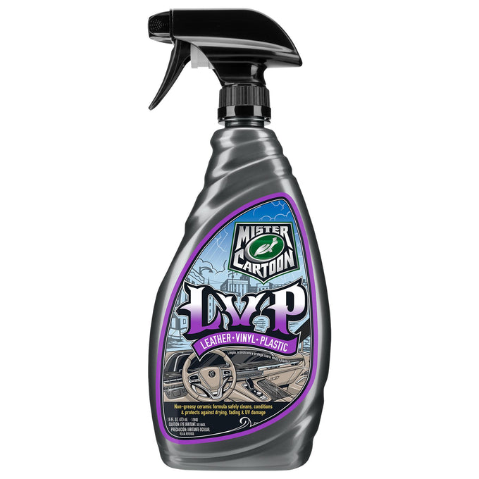 Mister Cartoon LVP interior cleaner. Protects leather, vinyl, plastic. Non-greasy ceramic formula. US product.