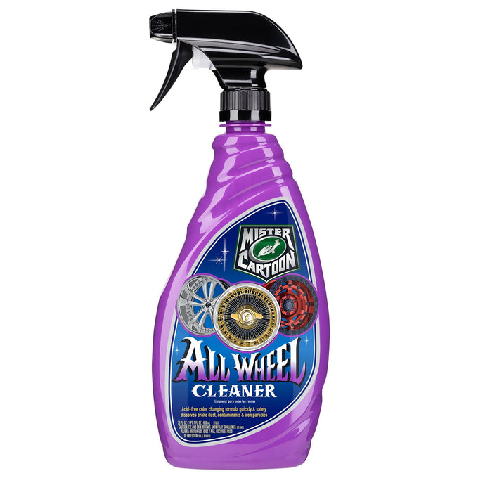 Purple spray bottle of Mister Cartoon All Wheel Cleaner, featuring wheel images on the label and the Turtle Wax logo.