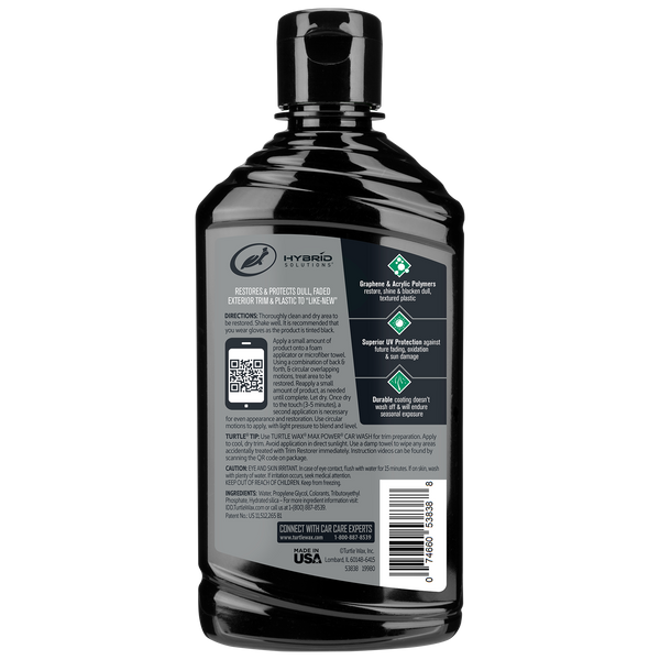 Turtle Wax Hybrid Solutions trim restorer with graphene acrylic polymers for faded plastic. Provides UV protection. Made in USA.